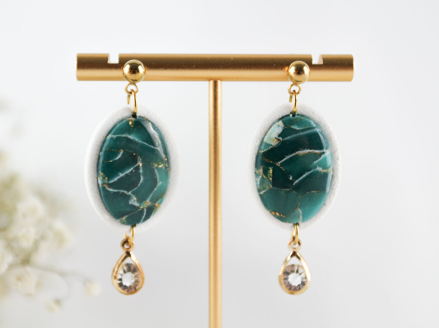 Grün Weiß Marmor Ohrringe mit Strass-Anhänger – Handgefertigte Statement