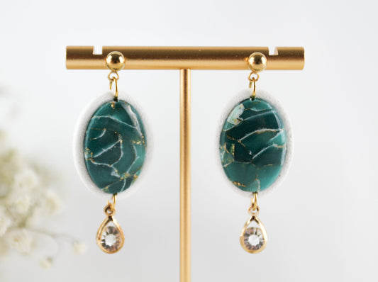 Grün-Weiß Marmor Ohrringe mit Strass-Anhänger – Handgefertigte Statement