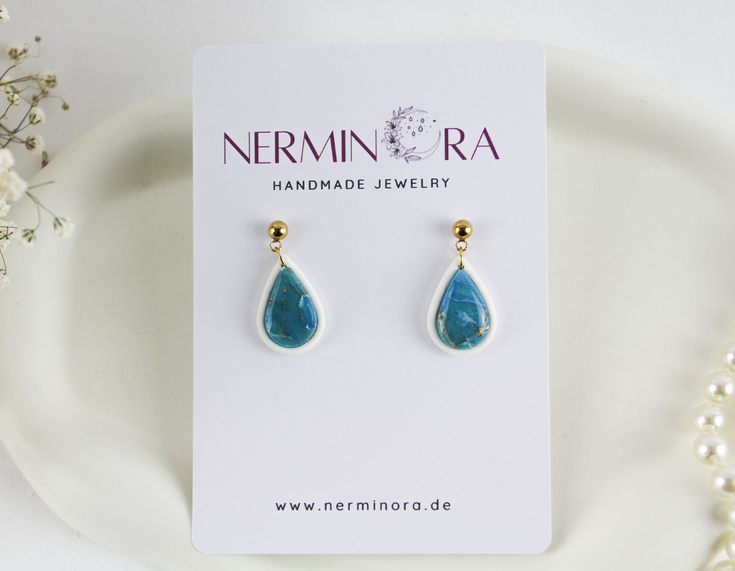 Türkis weiße Tropfen Hänge Polymer Clay Ohrringe