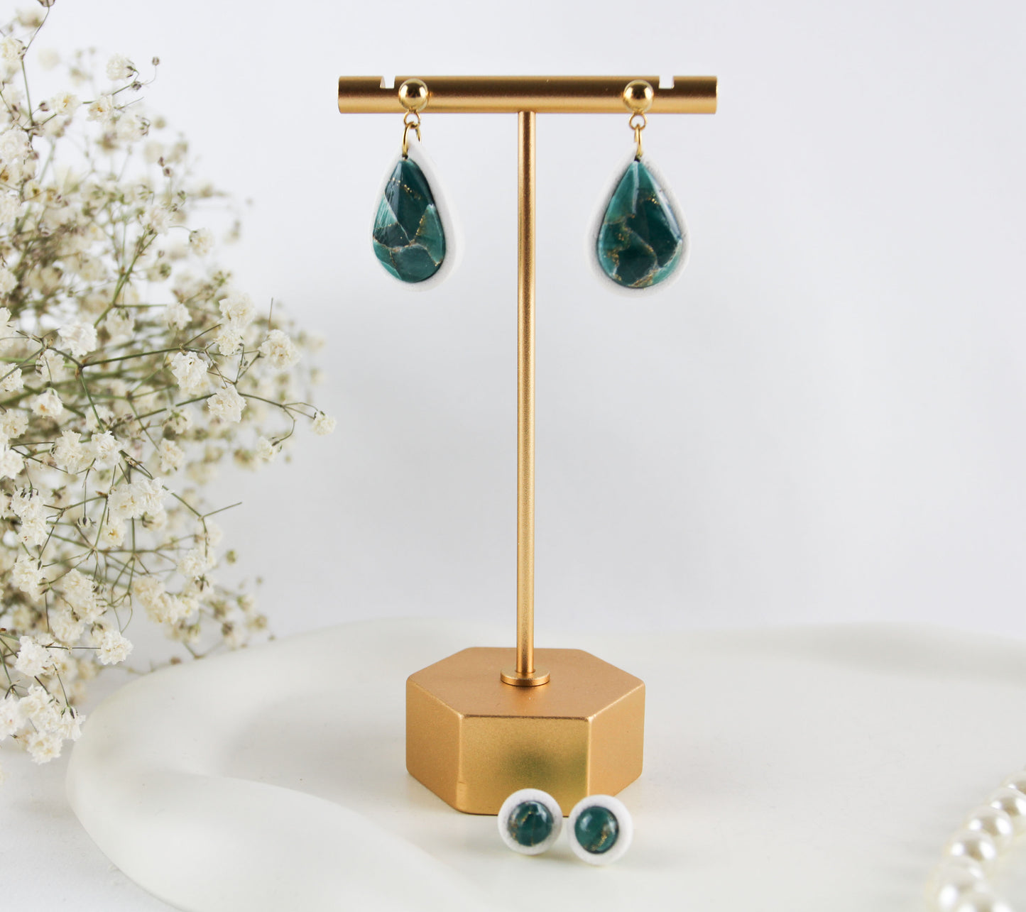 Grün-Weiß Marmor Tropfen Ohrringe – Handgefertigte Polymer Clay Schmuckset