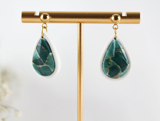 Grün-Weiß Marmor Tropfen Ohrringe – Handgefertigte Polymer Clay Schmuckset