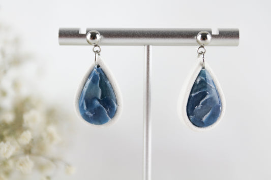Blau-Weiß Marmor Tropfen Ohrringe – Handgefertigtes Polymer Clay Schmuckset