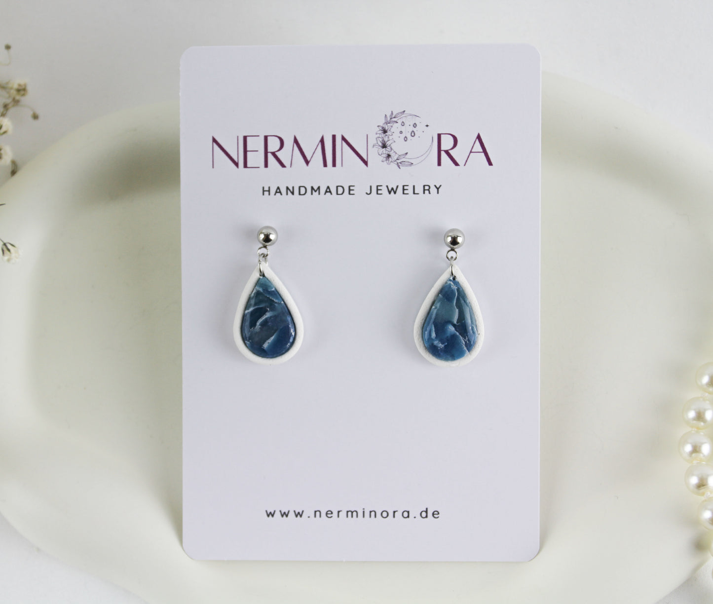 Blau weiße Tropfen Hänge Polymer Clay Ohrringe