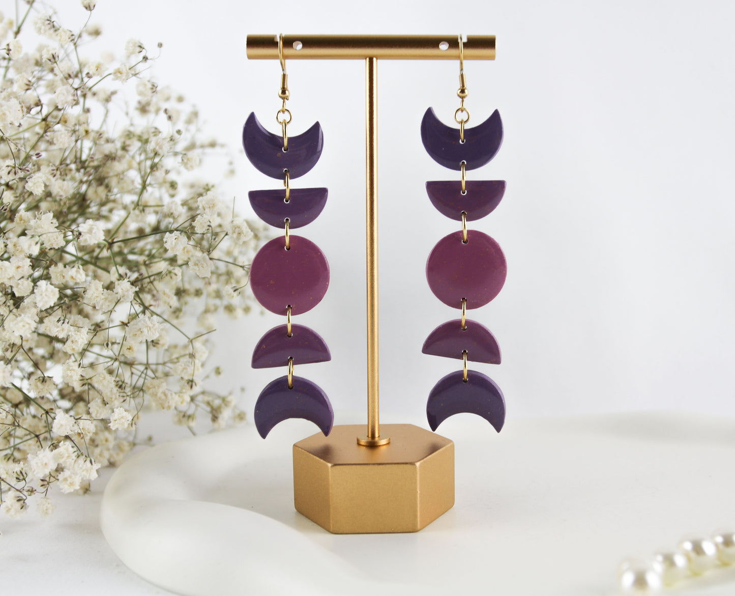 Moon Phases Polymer Clay Earrings, Celestial Dangle Earrings