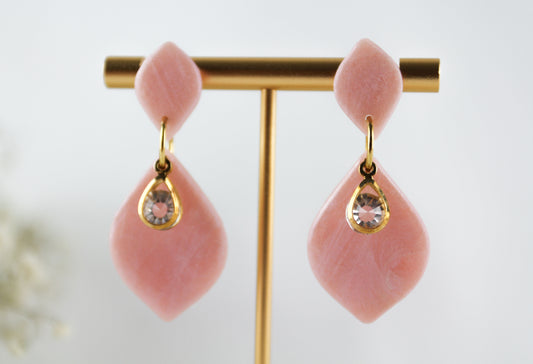 Rosa Perlmutt Kristall Braut Ohrringe – Handgefertigte Polymer Clay Statement Ohrringe