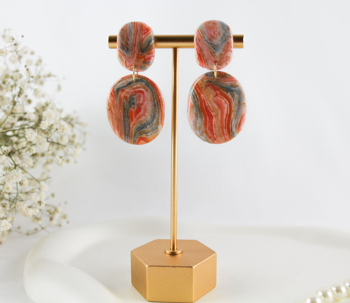 Rot Orange Blaue natursteininspiriert Polymer Clay Ohrringe