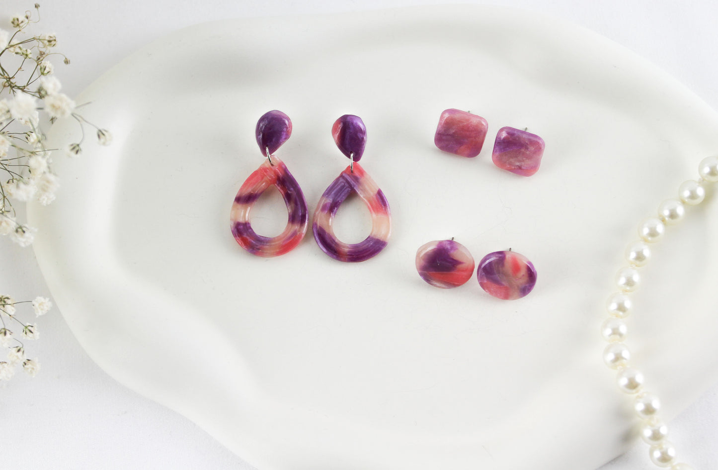 Colorful Purple Pink Marble Polymer Clay Earrings
