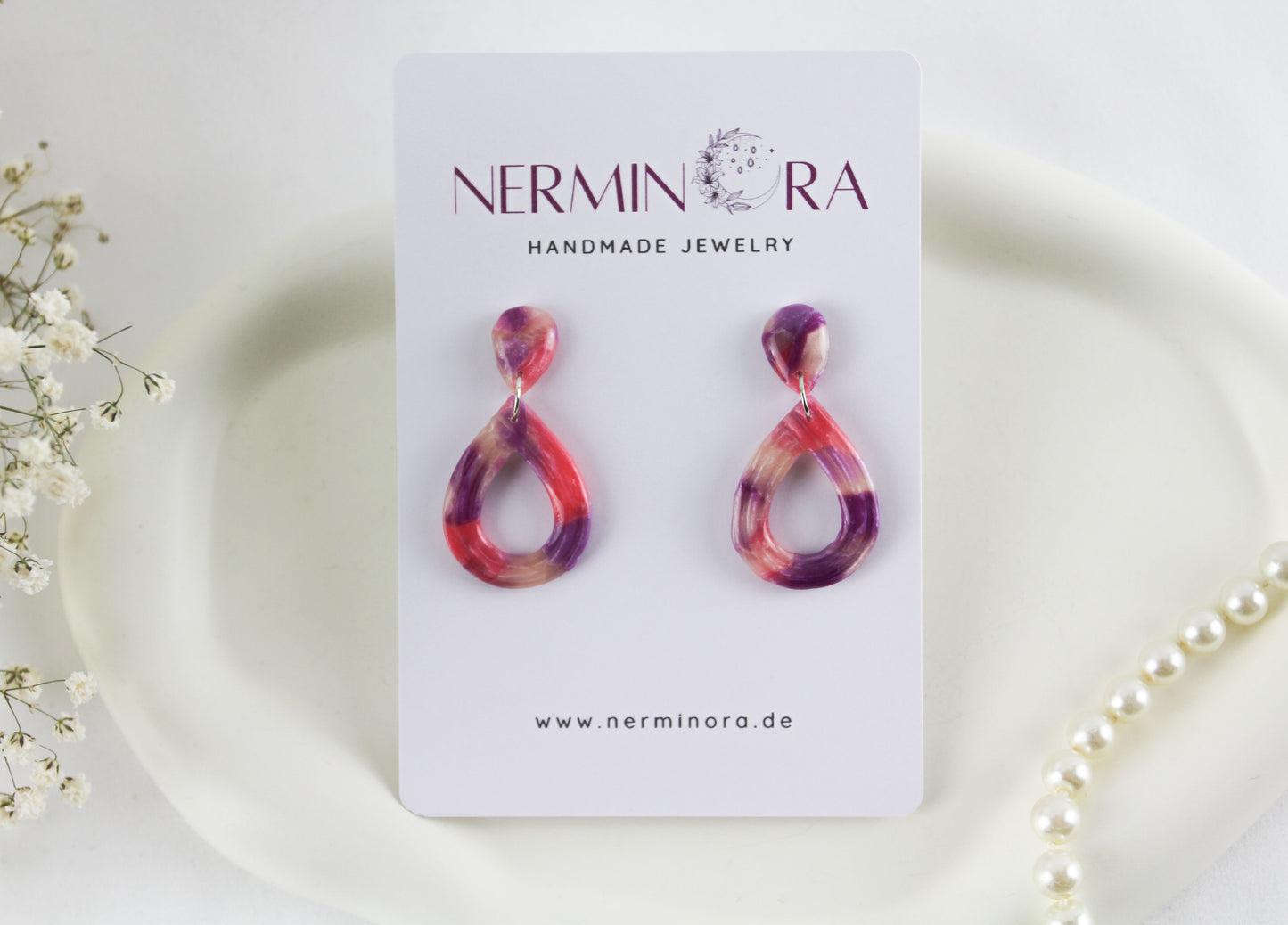 Colorful Purple Pink Marble Polymer Clay Earrings