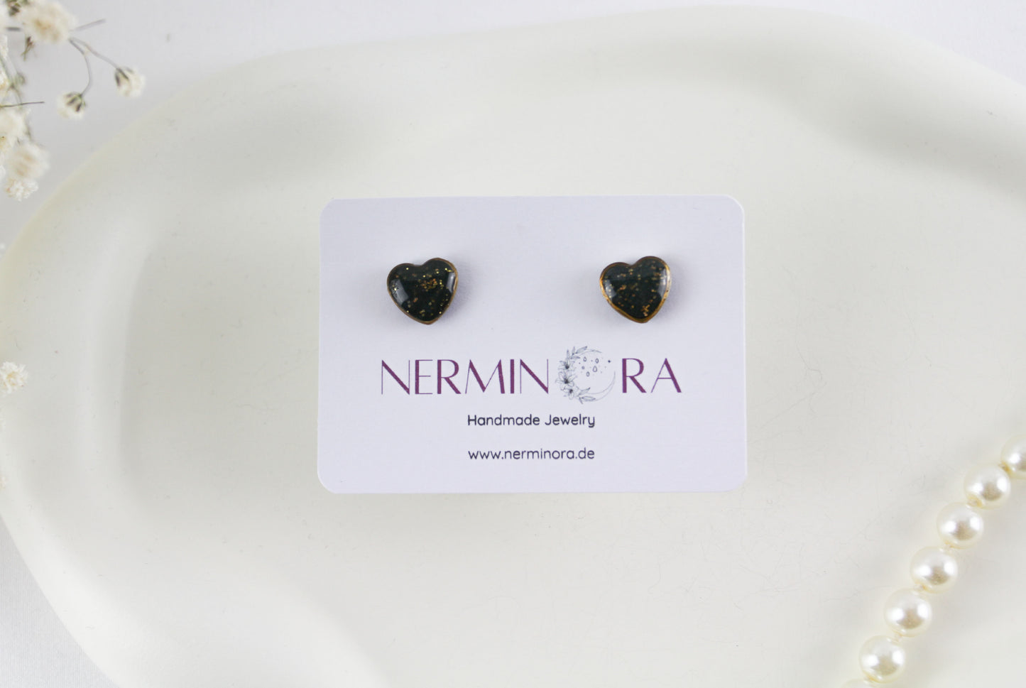 Small Black and Gold Resin Stud Earrings in Gold-Colored Heart Setting