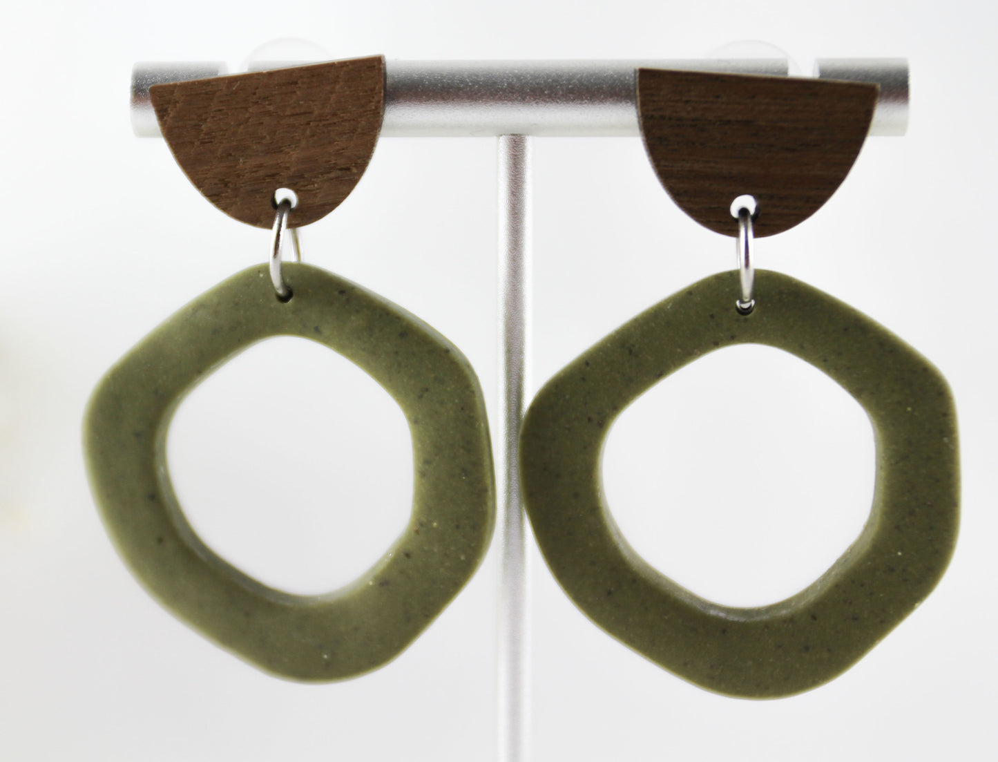 Green polymer clay earrings with walnut wood studs