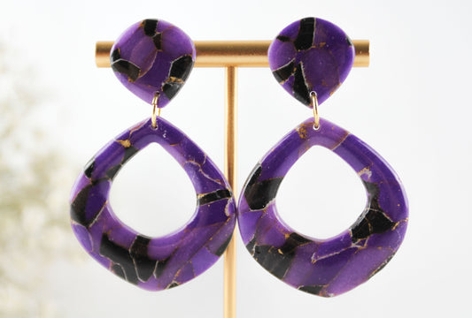 Lila-Schwarze Marmor Statement Ohrringe – Polymer Clay Ohrringe