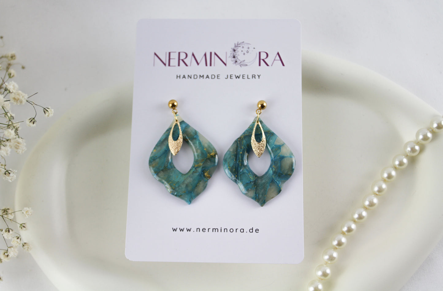 Green Golden Baroque Marble Statement Polymer Clay Earrings