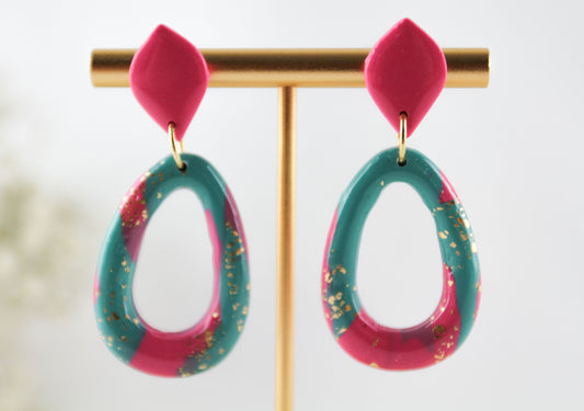 Pink-Teal Statement Ohrringe – Handgefertigte Polymer Clay Ohrringe