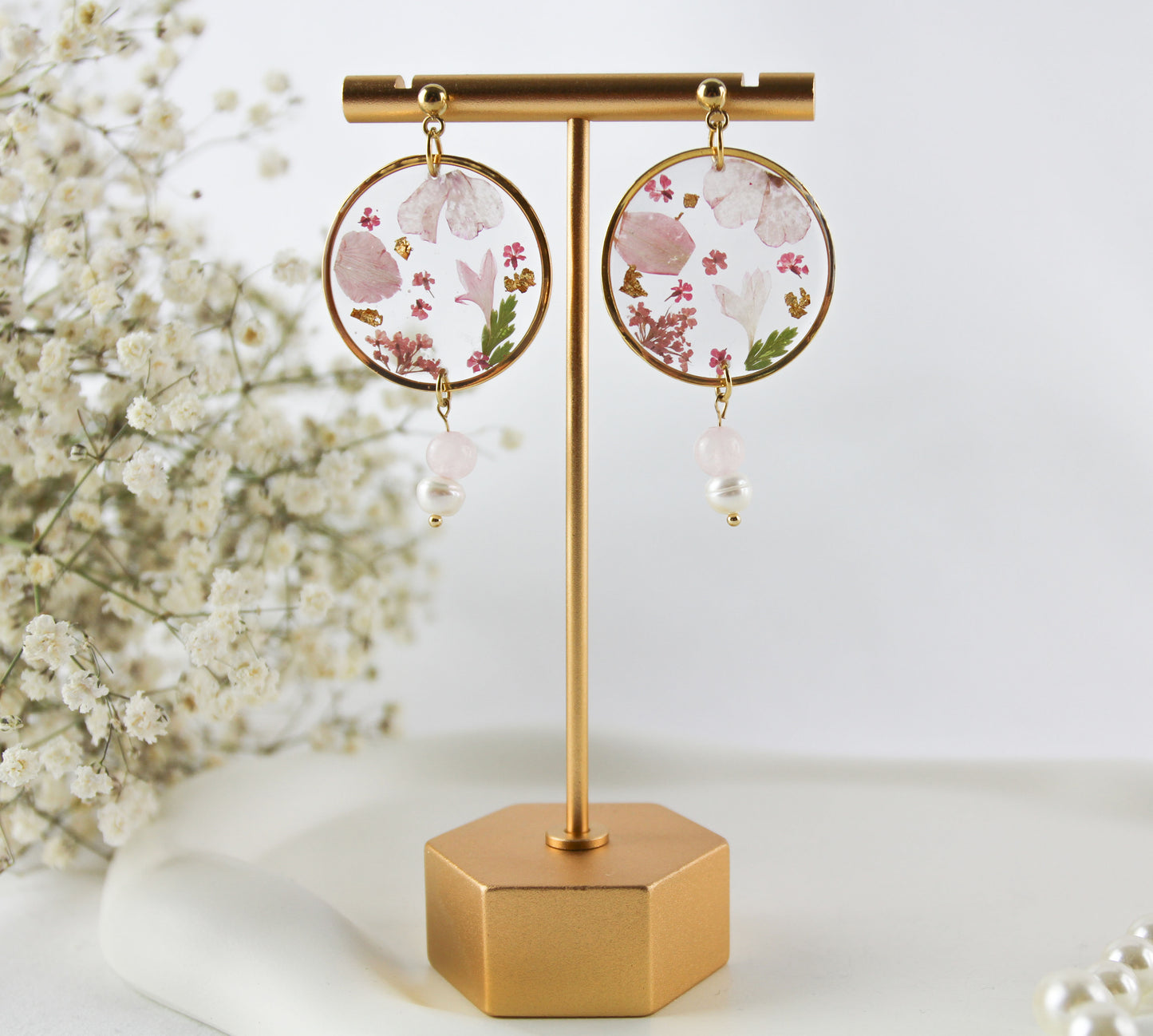 Echte rosa getrocknete Blüten Resin Ohrringe
