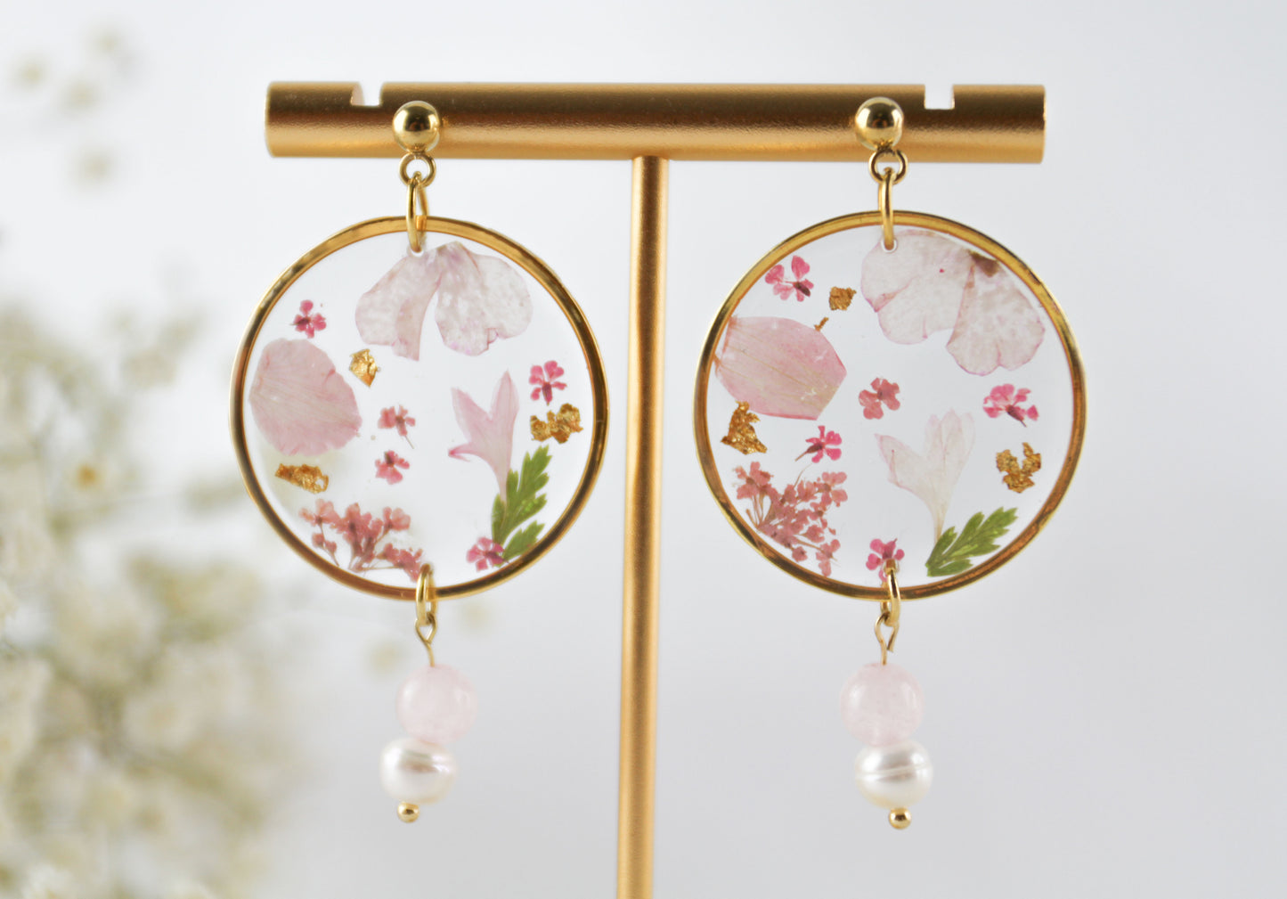 Echte rosa getrocknete Blüten Resin Ohrringe