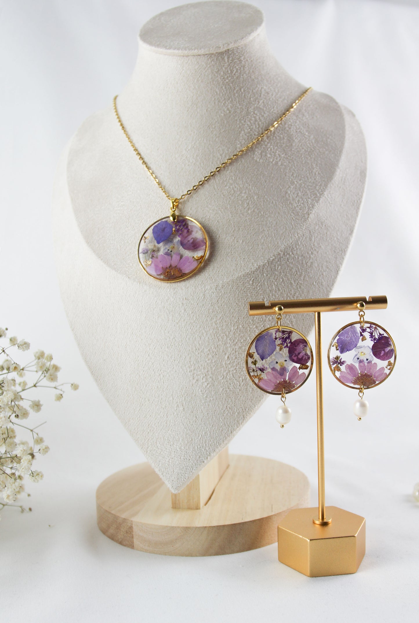 Echte lila rosa getrocknete Blüten Resin Ohrringe und Halskette