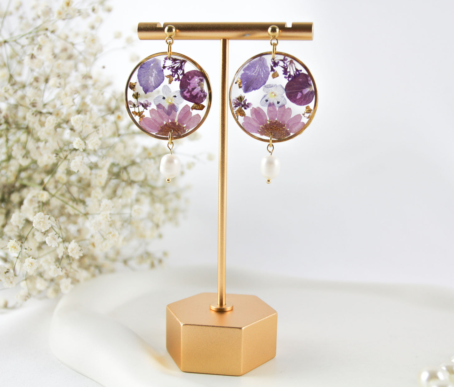 Echte lila rosa getrocknete Blüten Resin Ohrringe und Halskette