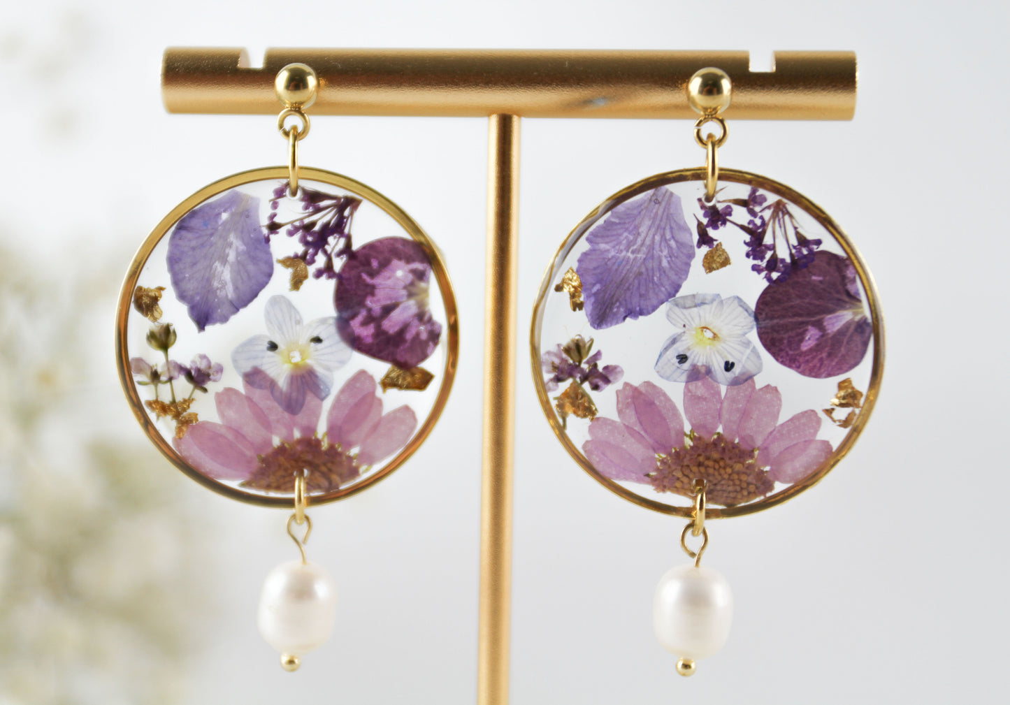 Echte lila rosa getrocknete Blüten Resin Ohrringe und Halskette
