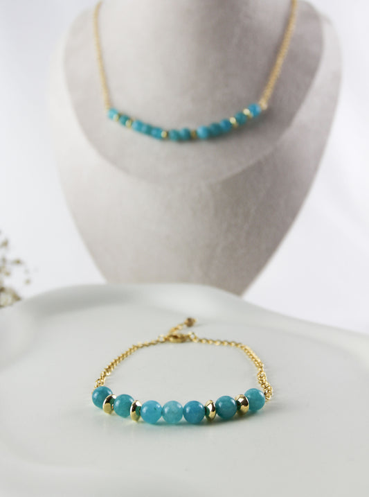 Türkise Naturstein Perlenkette & Armband – Handgefertigtes Schmuckset