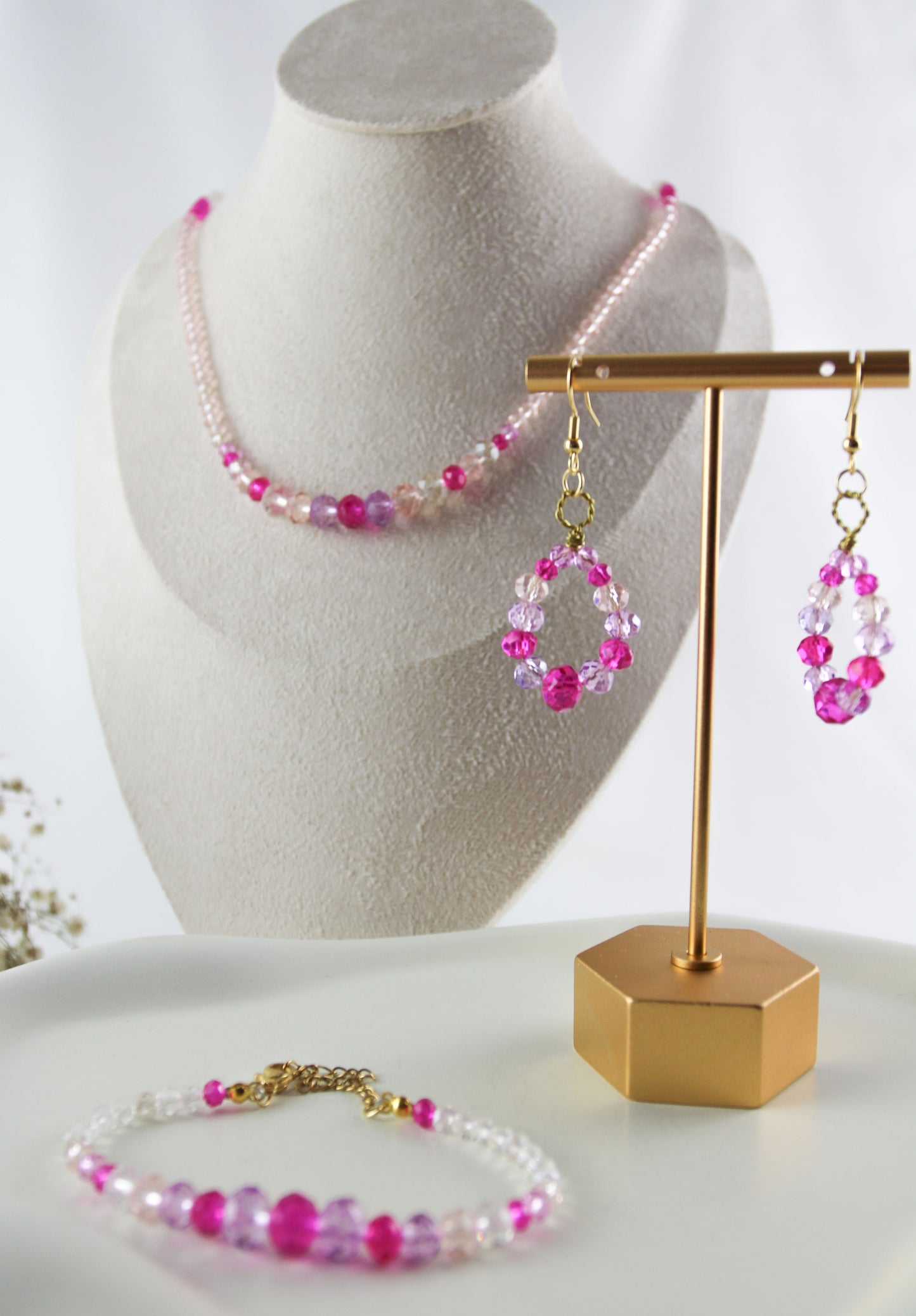 Pink Crystal Beaded Bracelet / Necklace / Earrings
