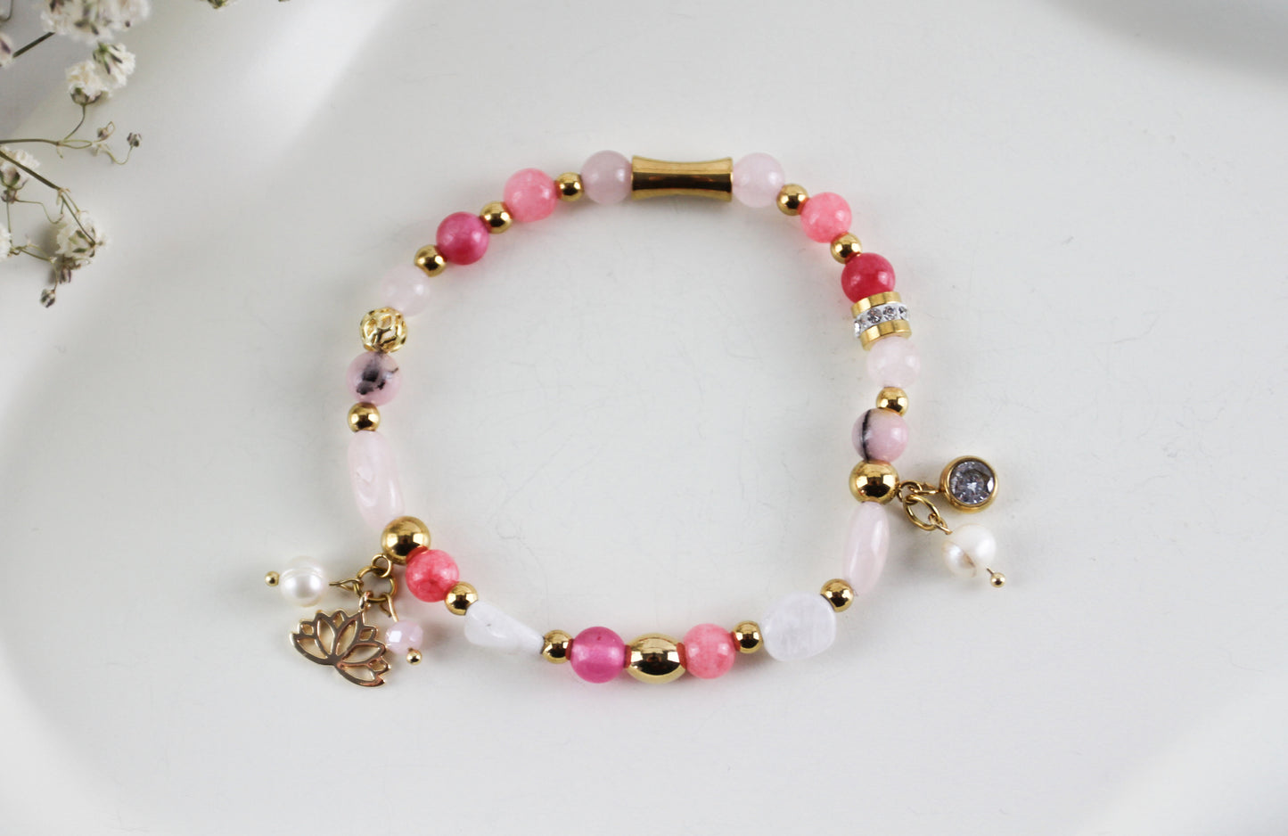 Armband mit Rosenquarz · Rhodonit · Quarz – Handgefertigtes Perlenarmband