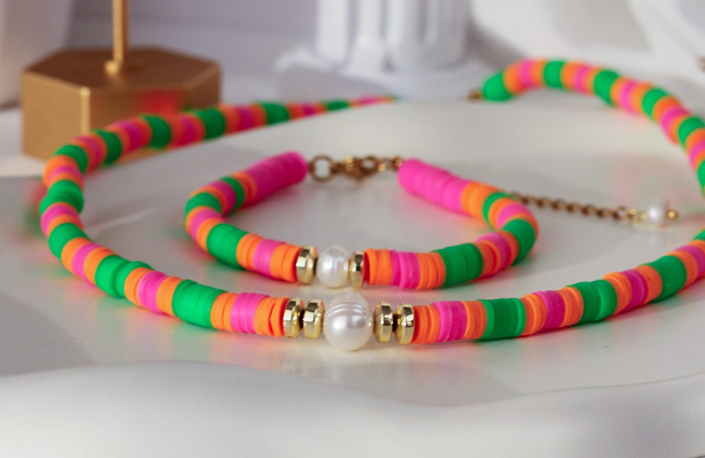 Tropical Pearl – Katsuki-Schmuck in Grün und Pink mit Süßwasserperle