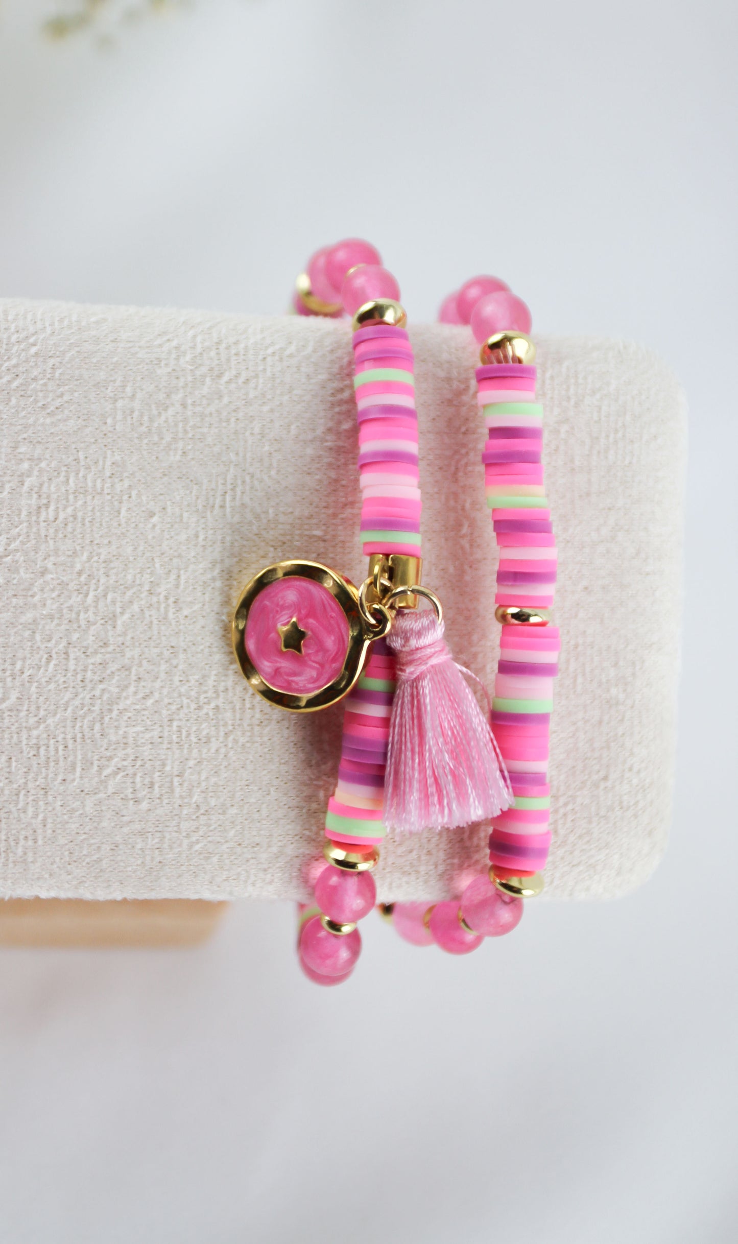 Pink Double Bracelet Katsuki Heishi Beads Bracelet with Natural Stones