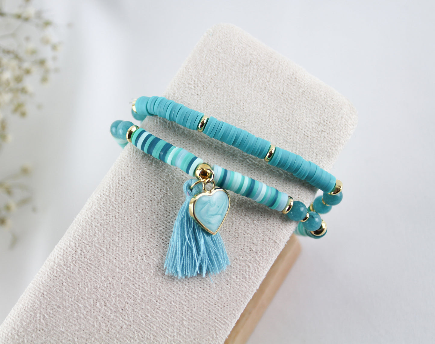 Turquoise Blue Double Bracelet Katsuki Heishi Beads Bracelet with Natural Stones