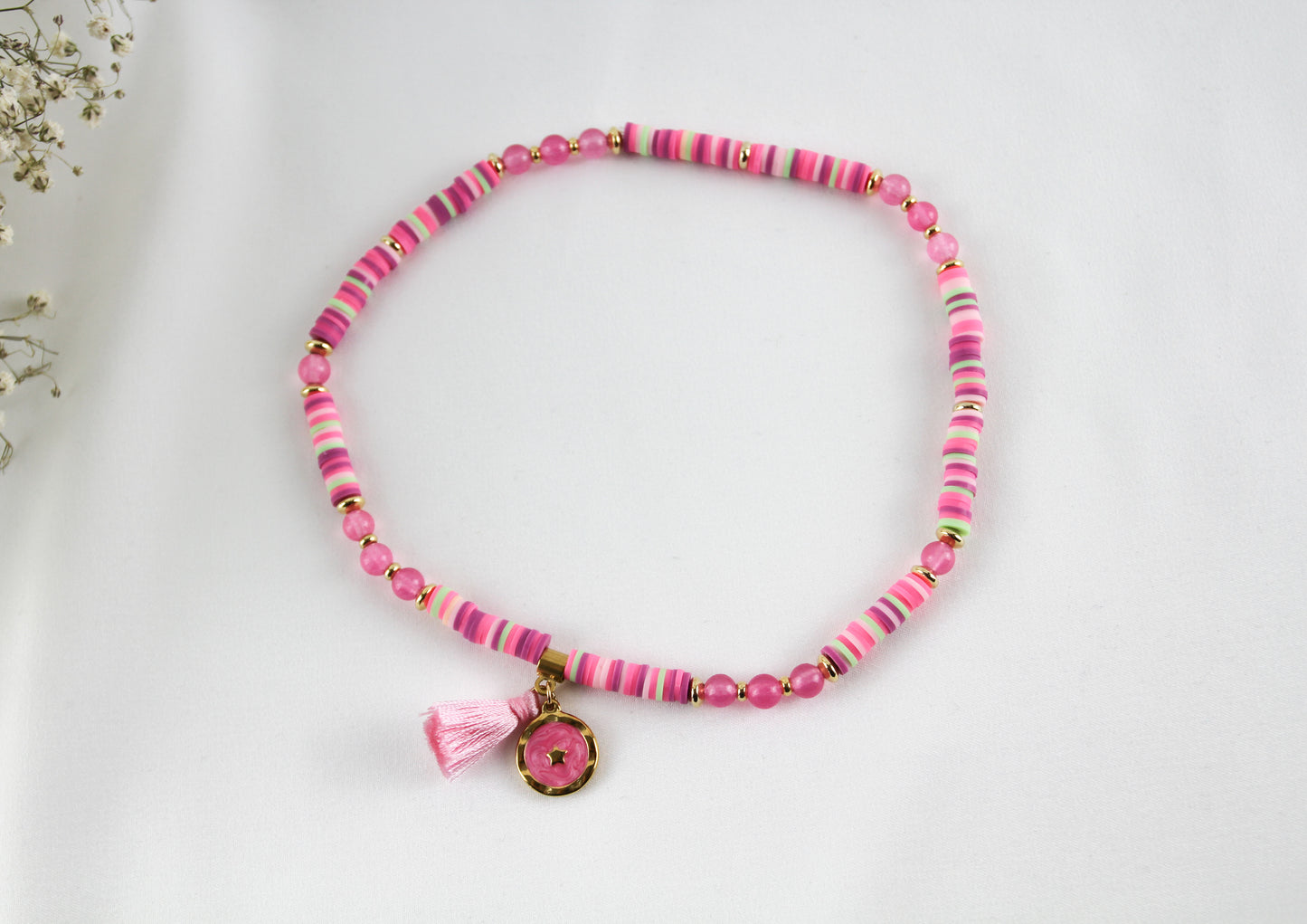 Pink Double Bracelet Katsuki Heishi Beads Bracelet with Natural Stones