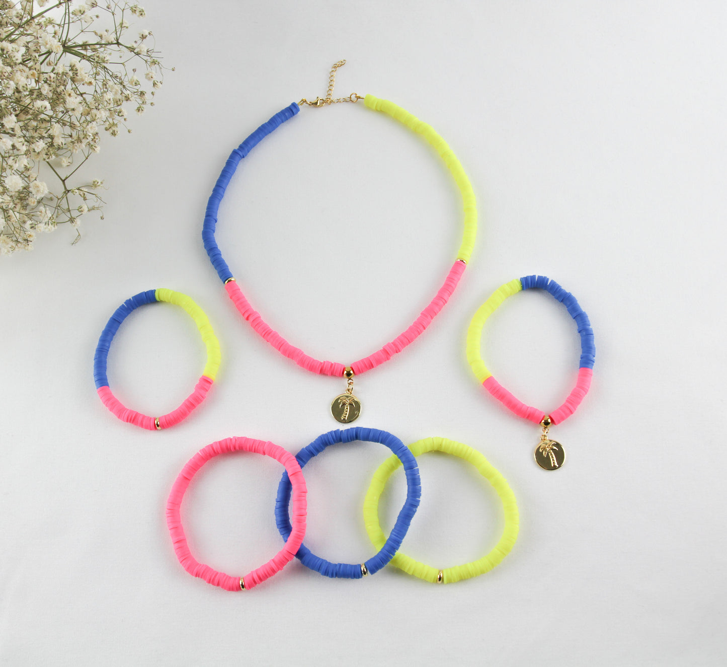 Summer Neon Palm Katsuki Heishi Perlen Armbänder und Halskette - Set