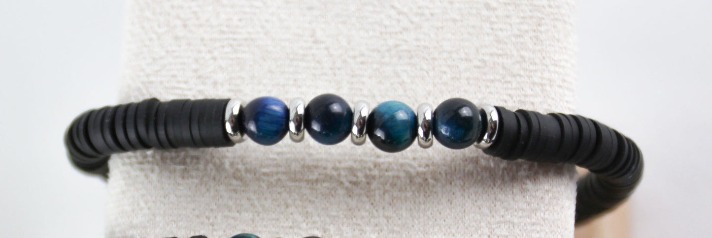 Black Katsuki Heishi Beads Bracelet with Tiger Eye Natural Stones Men's Bracelet