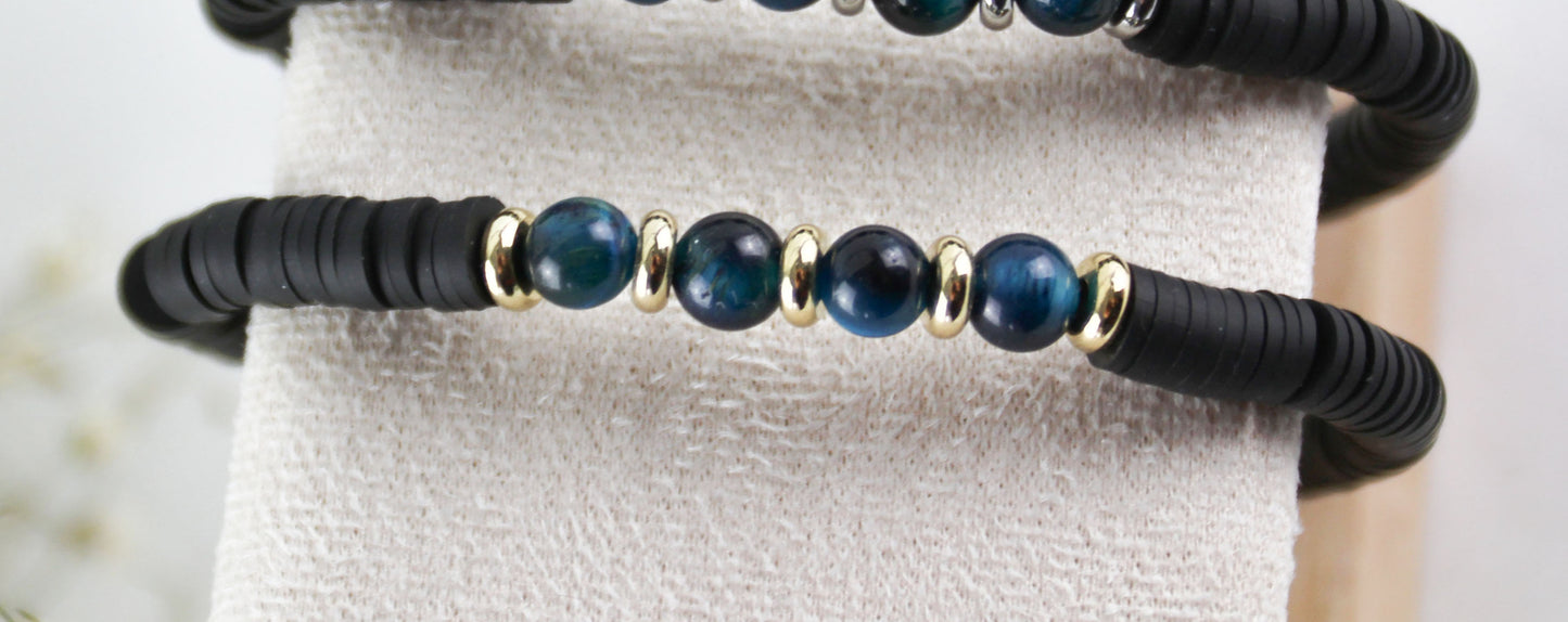 Black Katsuki Heishi Beads Bracelet with Tiger Eye Natural Stones Men's Bracelet