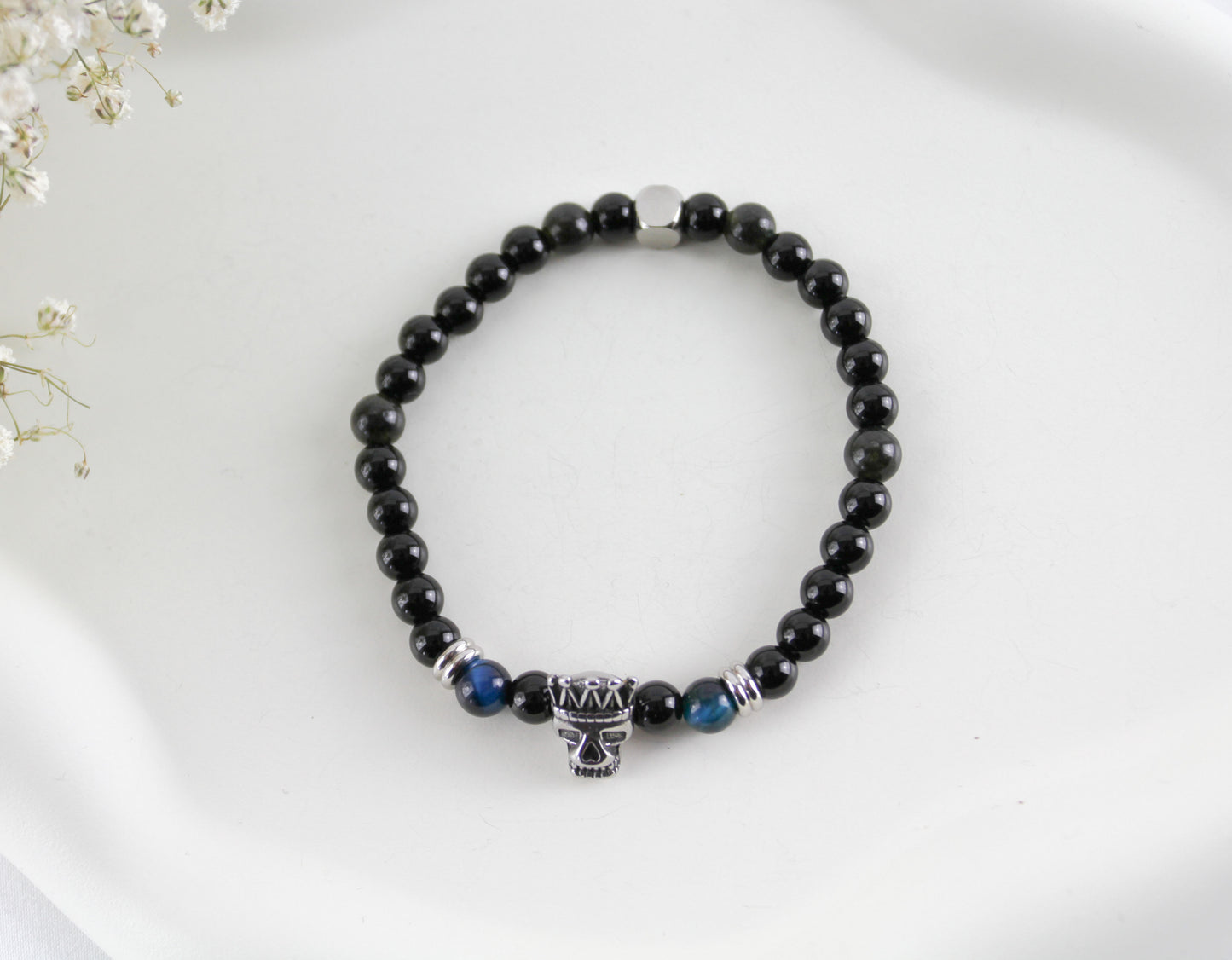 Men's Natural Stone Tiger Eye Bracelet with Skull King Charm