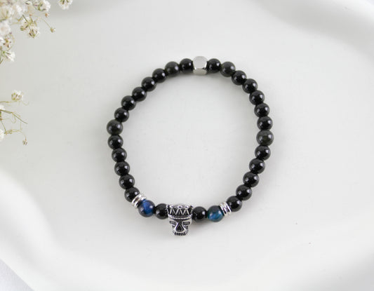 Herren Onyx Tigerauge Armband – Naturstein mit König Totenkopf Charm