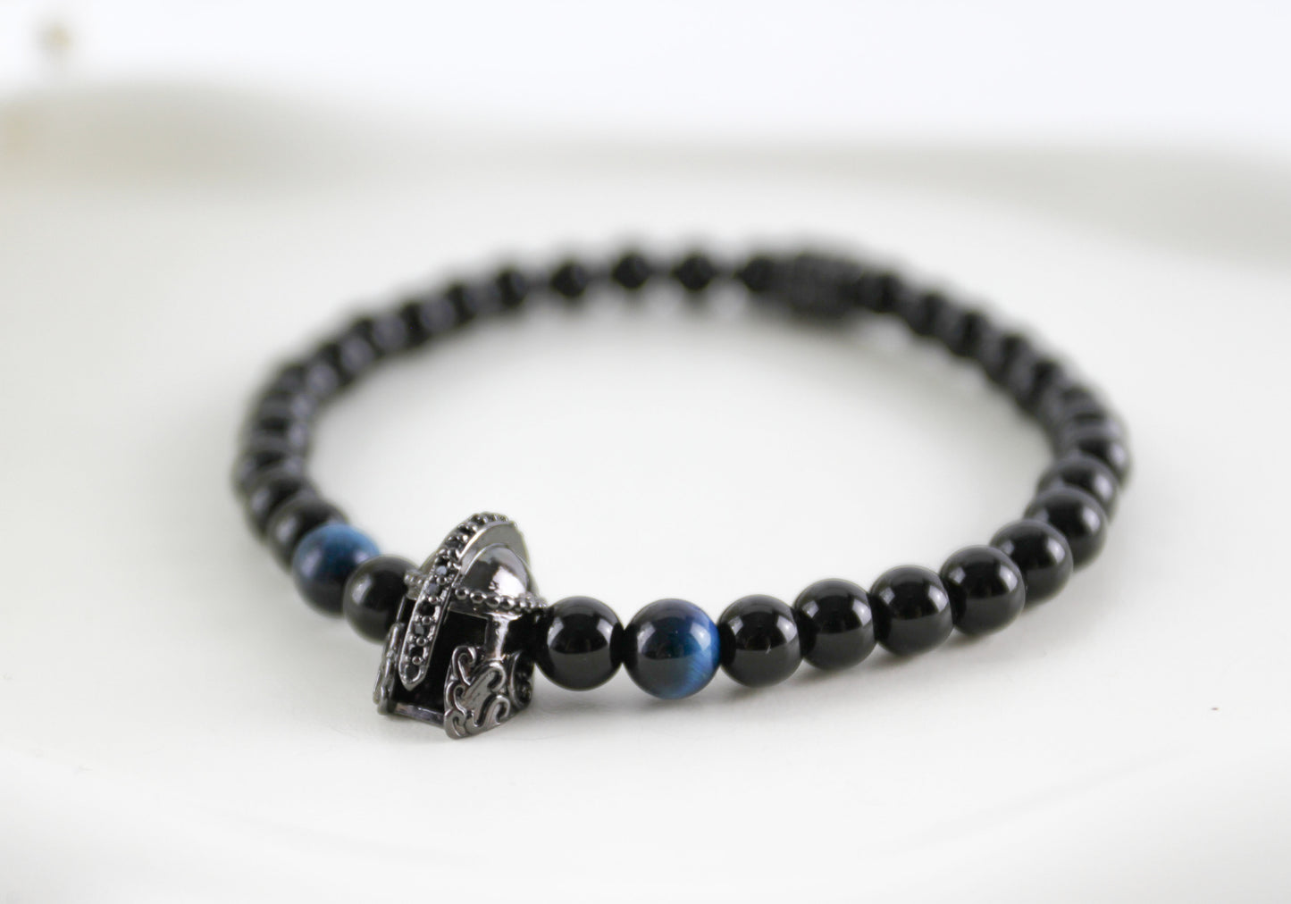 Men's Agate Natural Stone Tiger Eye Bracelet with Gladiator Helmet Charm