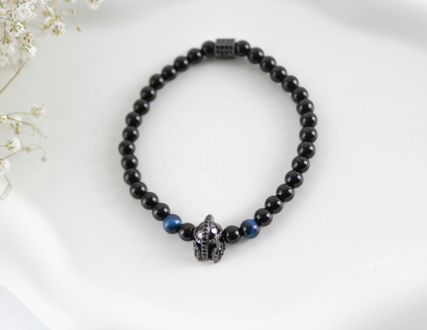 Men's Agate Natural Stone Tiger Eye Bracelet with Gladiator Helmet Charm