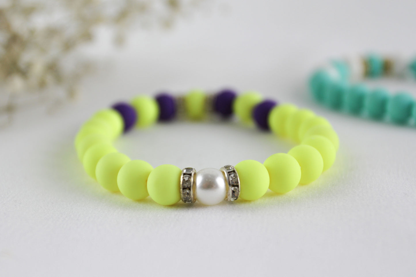 Neon Yellow Purple Beaded Bracelet