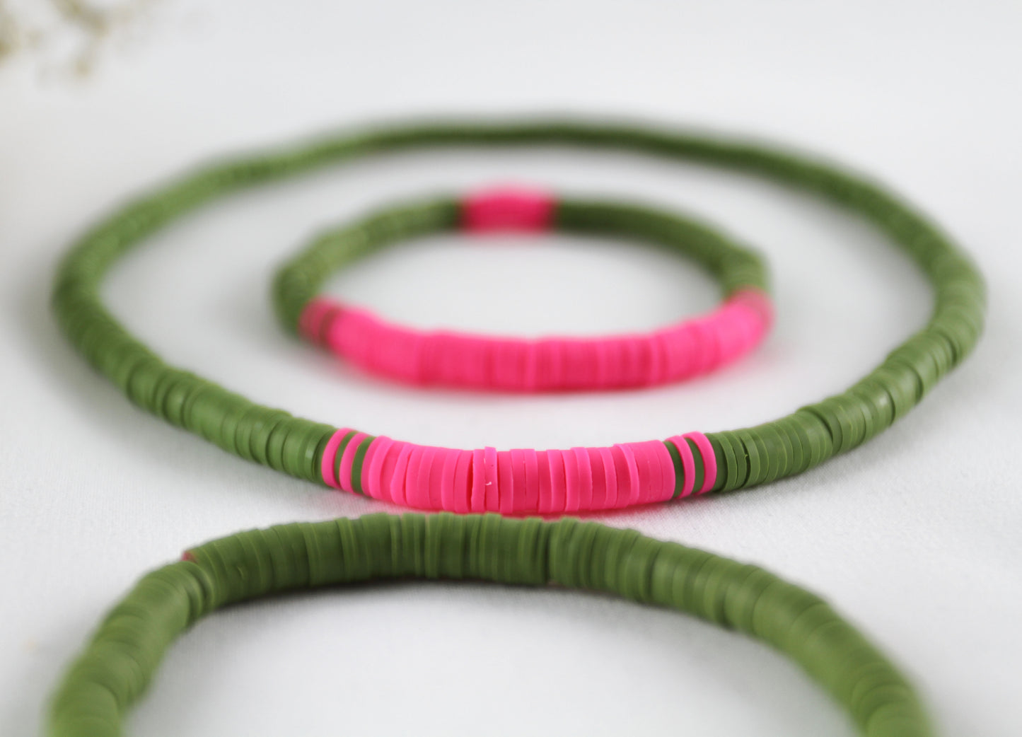 Green Pink Katsuki Heishi Beads Bracelets and Necklace - Set