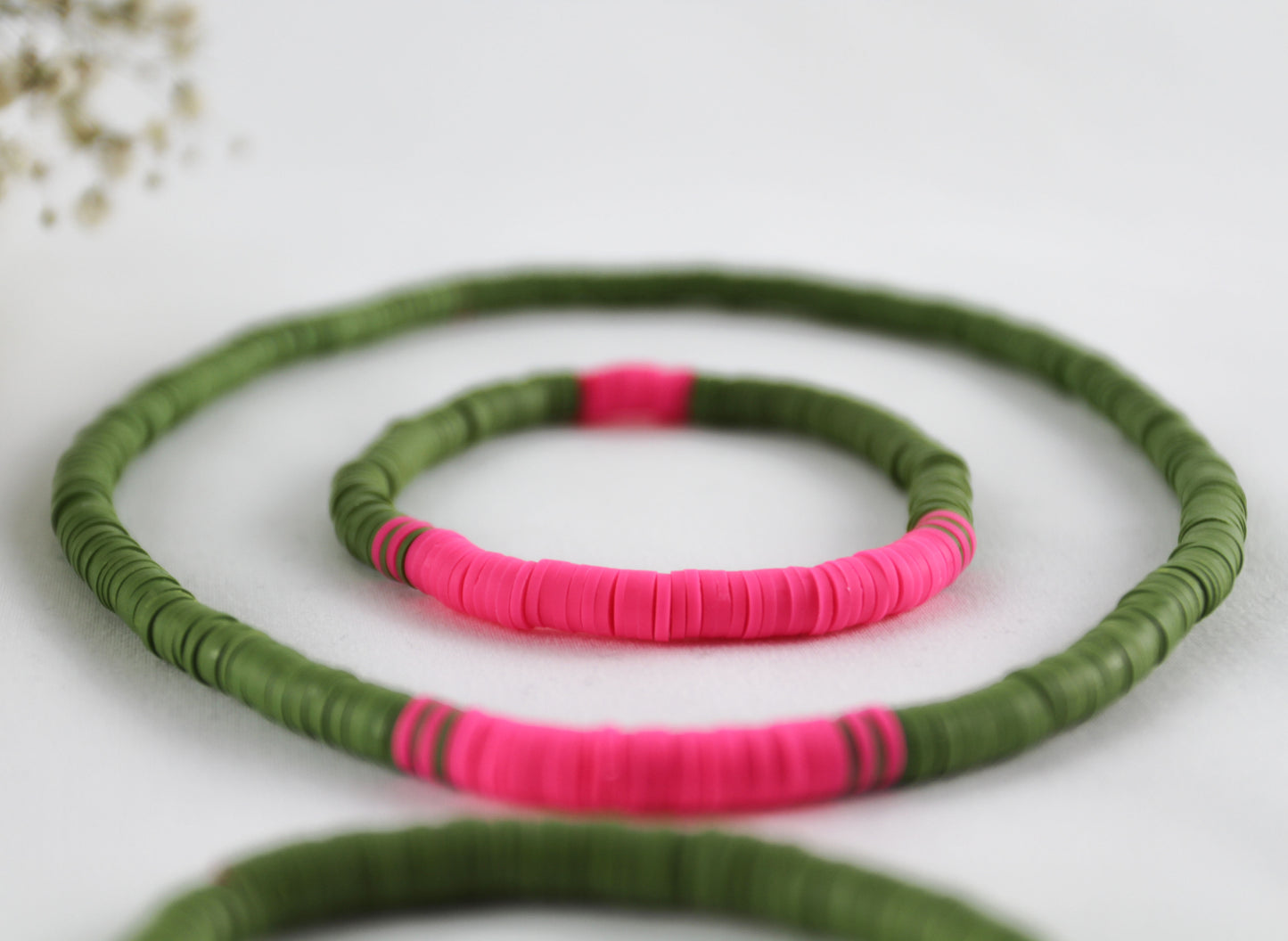 Green Pink Katsuki Heishi Beads Bracelets and Necklace - Set