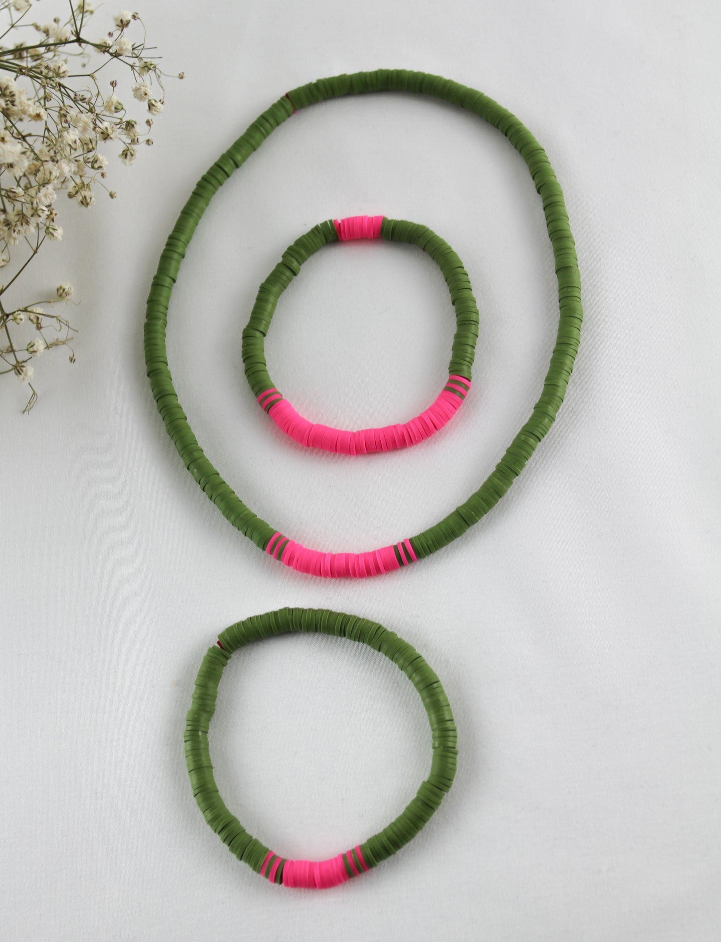 Green Pink Katsuki Heishi Beads Bracelets and Necklace - Set