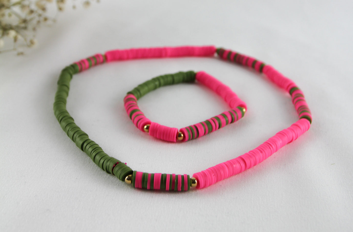 Army Grün-Pink Katsuki Perlenset – Armbänder & Halskette | Handgefertigter Schmuck