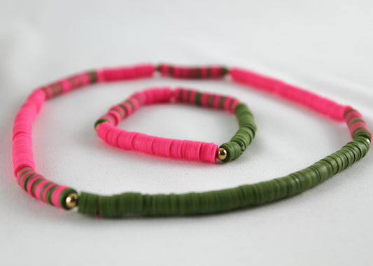 Army Grün-Pink Katsuki Perlenset – Armbänder & Halskette | Handgefertigter Schmuck