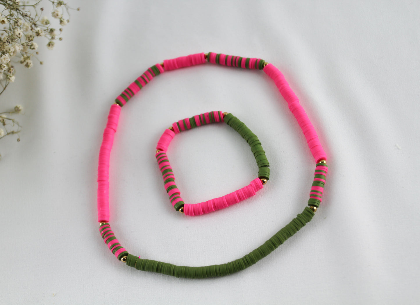 Green Pink Necklace and Bracelet Set