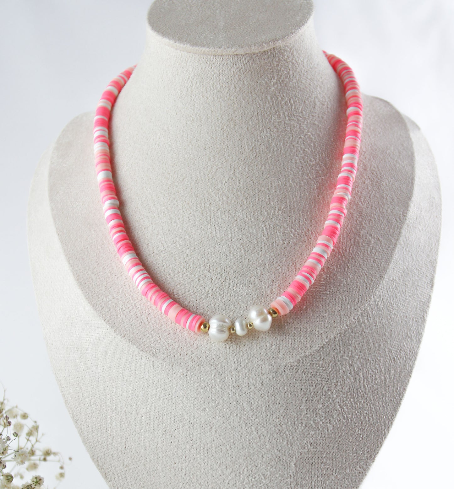 Pink White Katsuki Heishi Pearl Bracelet / Necklace with Freshwater Pearl
