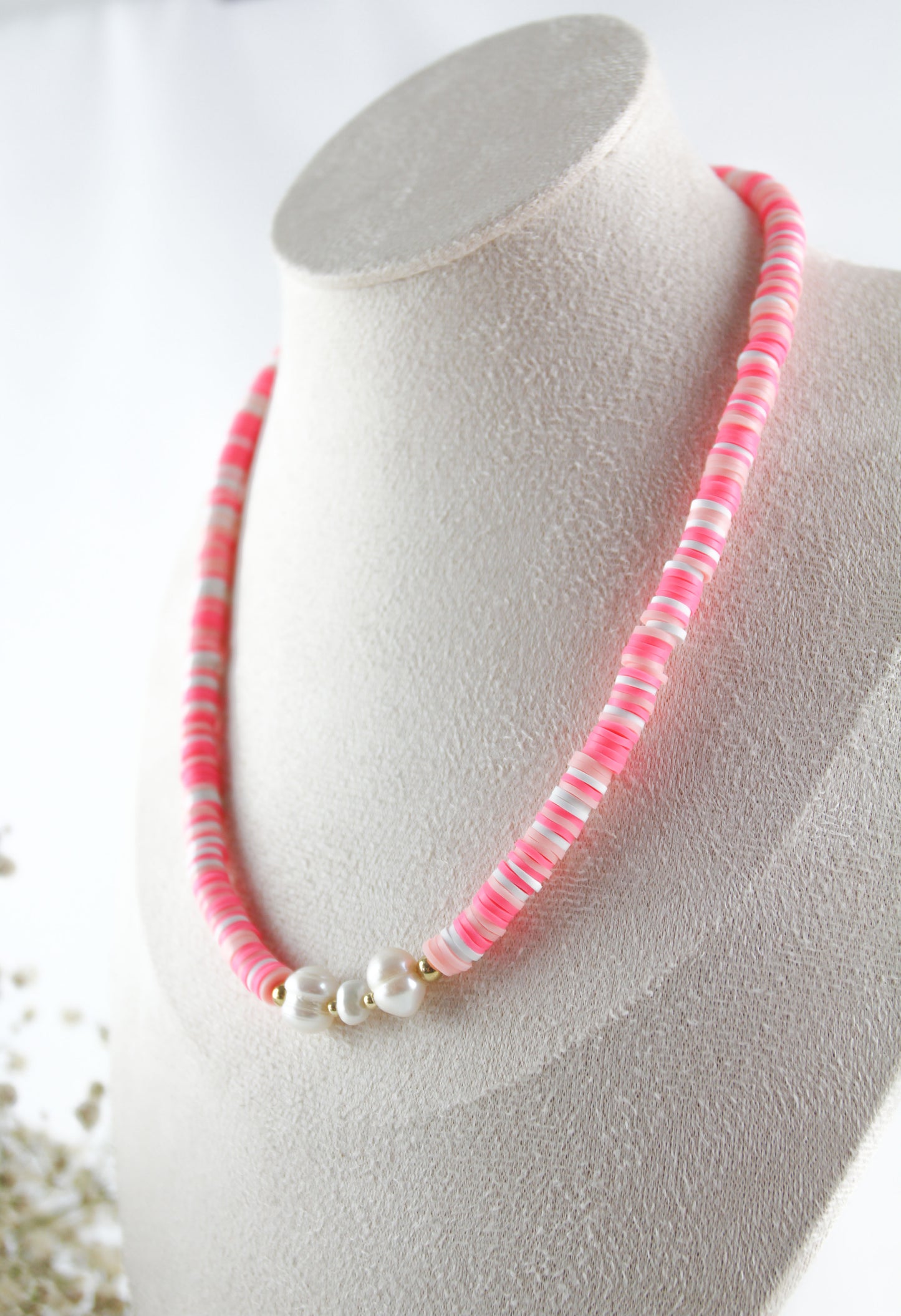Pink White Katsuki Heishi Pearl Bracelet / Necklace with Freshwater Pearl