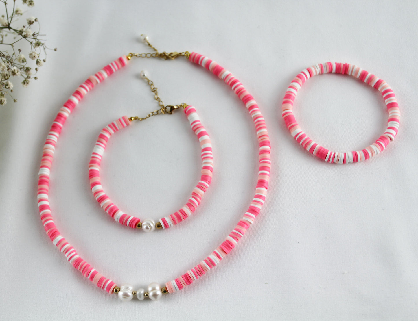 Rosa-Weiß Katsuki Schmuckset mit Süßwasserperle – Handgefertigte Halskette & Armband
