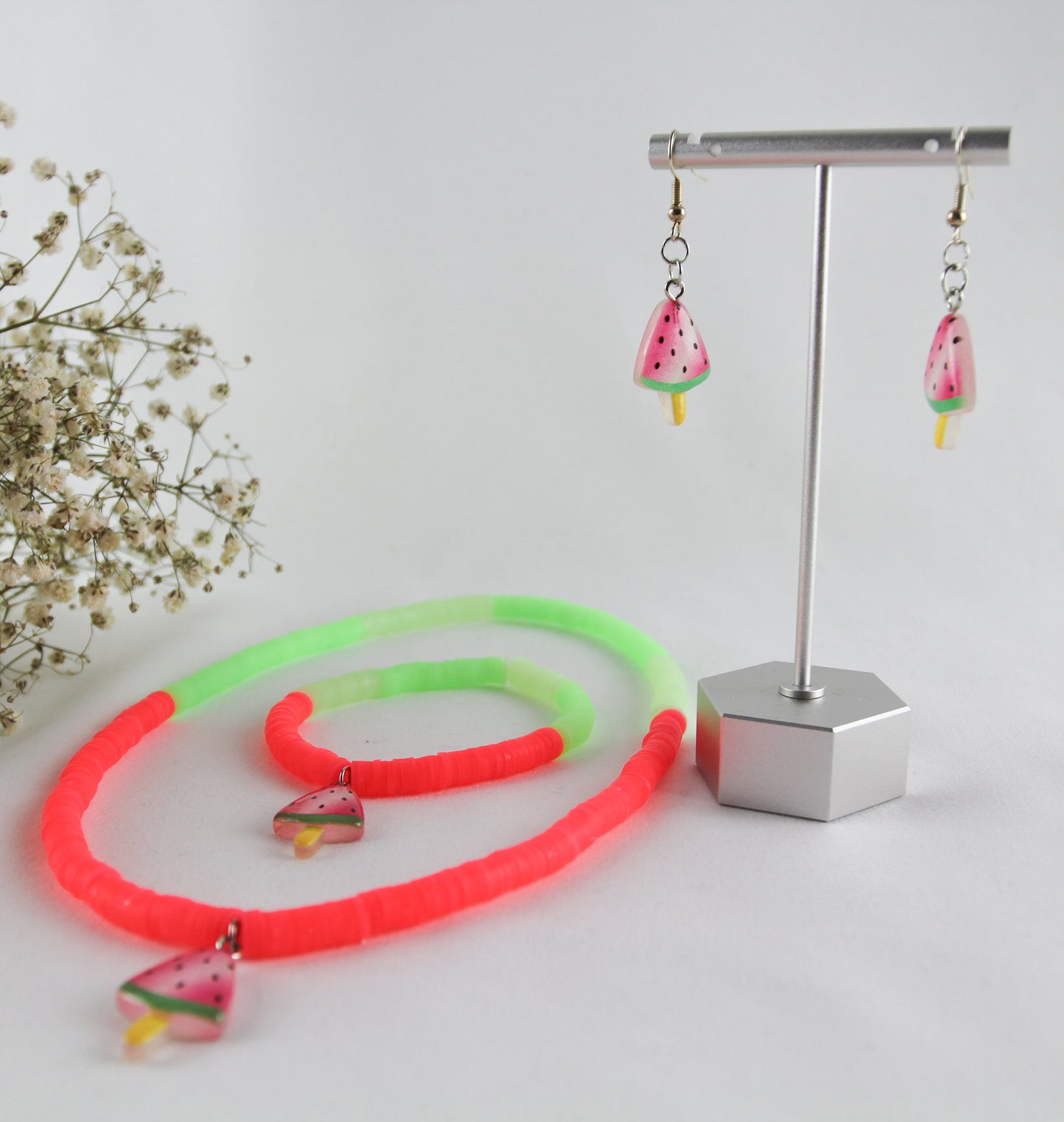 Sommer Wassermelonen Jelly Katsuki Heishi Perlen Armband mit Halskette und Ohrringen - Set