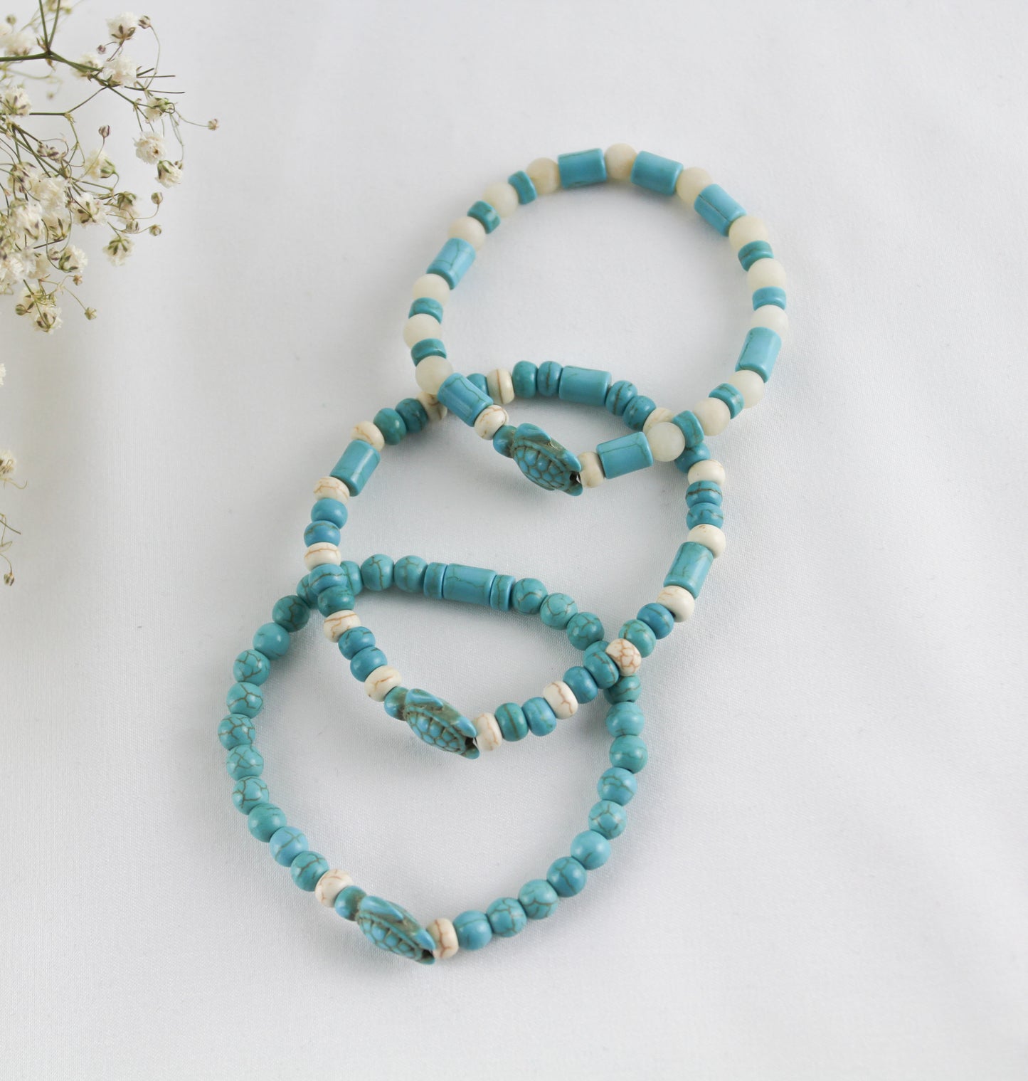 Turquoise Natural Stones Heishi Beads Bracelet with Turtle Charm