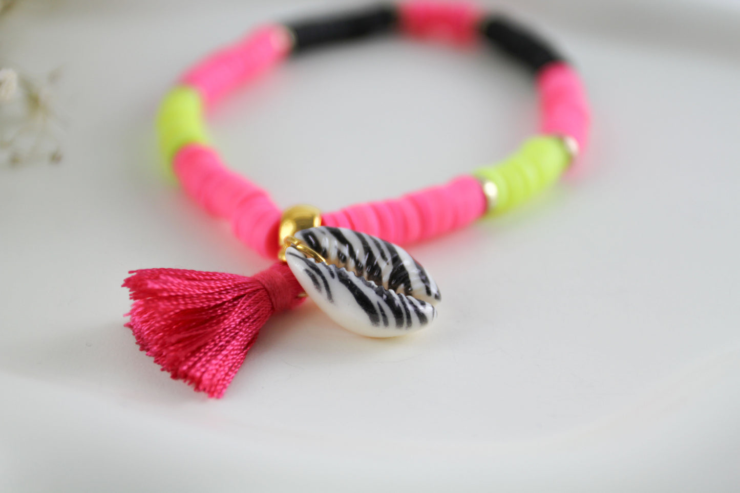 Black Yellow Pink Katsuki Heishi Beaded Bracelet with Zebra Shell and Tassel