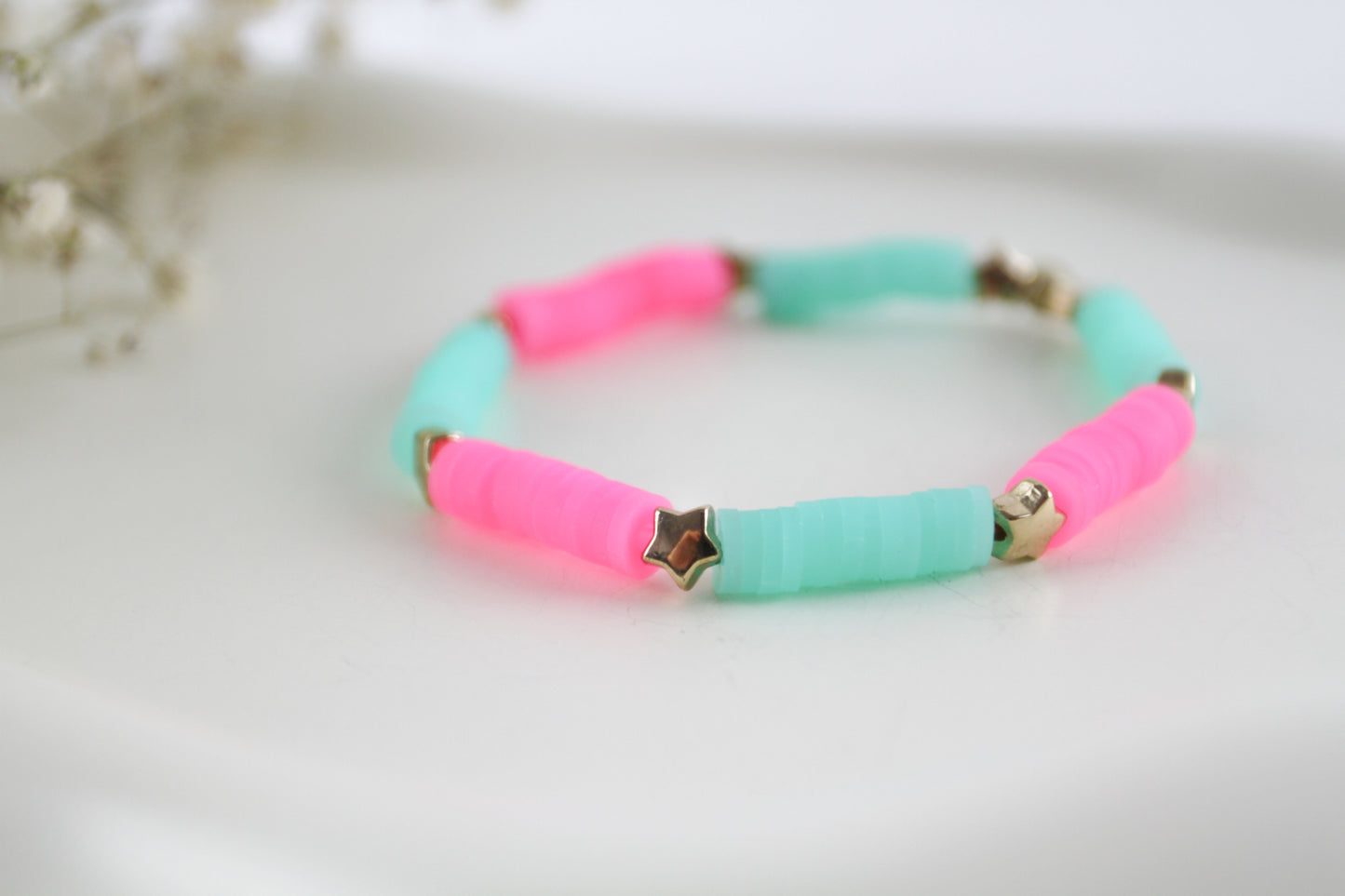 Pink Turquoise Jelly Katsuki Heishi Bead Bracelet with Gold Colored Beads